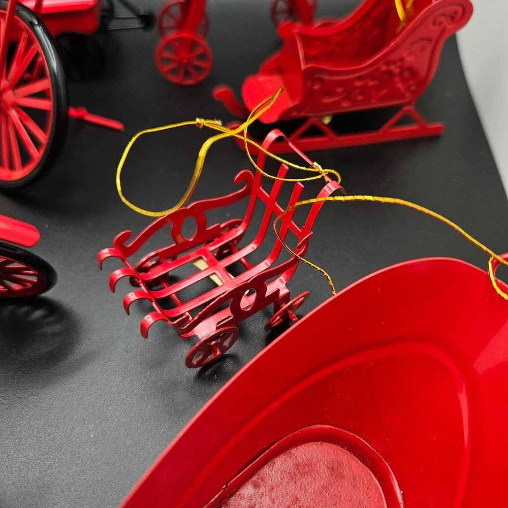 Vintage Red Metal Miniature Vehicles & Sled Christmas Ornaments Lot of 11 Taiwan